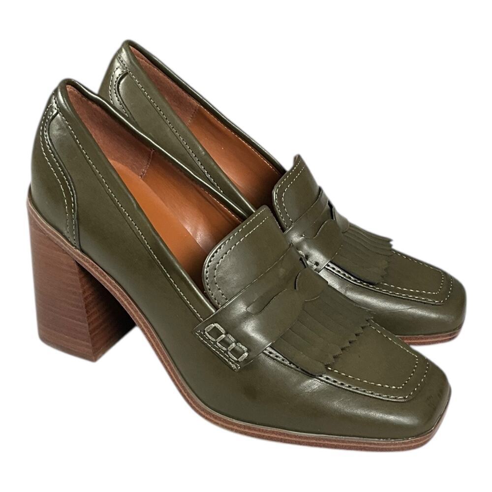 Marc Fisher Olive Green Chunky Heel Loafer Pumps Size 7.5 Fringe Preppy Block - Picture 8 of 12